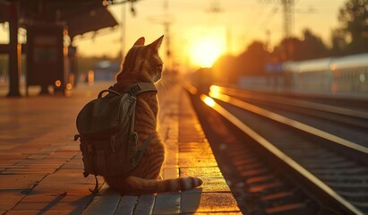 Cat sitting on train platform at sunset - obrazy, fototapety, plakaty