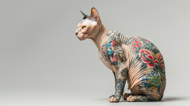 Hairless sphynx cat hipster with Tattoos on its body sitting on grey background. Copy space. Tattoo salon, trendy hipster poster, creative greeting card, calendar. Tattooing fashion