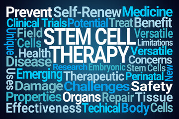 Stem Cell Therapy Word Cloud on Blue Background