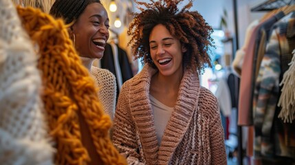 Two friends laughing while trying on oversized sweaters   AI generated illustration - obrazy, fototapety, plakaty