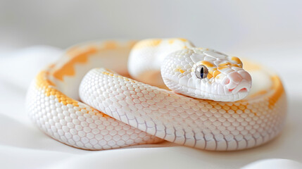 Fototapeta premium Cute white golden snake on white background. Symbol of the 2025 New year gorgeous snake for calendar, greeting card design, poster. Close up. Chinese 2025 new year