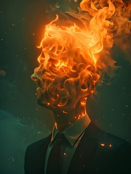 A person in a suit with a head half made of flame,generative ai