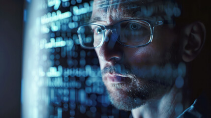 data analyst Double exposure. Data scientist. Man programmer analyzing information on futuristic virtual interface screen. Algorithm, cyber safety, hacker, web security, statistics, business analytics