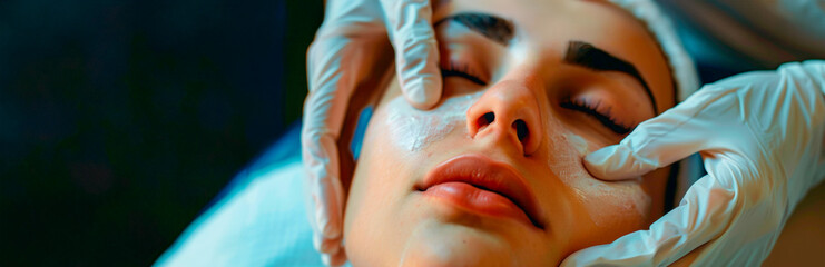 Naklejka premium Skilled hands in gloves treat a woman's visage with foaming cleanser, capturing a moment of spa indulgence and the essence of skincare luxury. Banner. Copy space