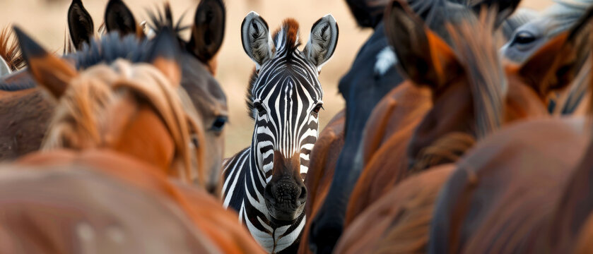 Close-up of a zebra standing among a horse. Zebra against the background of horses.