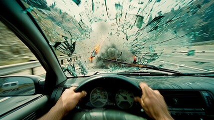 First-person view during a car accident with explosive impact, concept of driving dangers and safety response