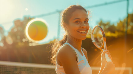Young beautiful smiling woman plays tennis on court at sunset. a dynamic woman in sportswear swinging a racket on a tennis court. Tennis trainer, courses - Powered by Adobe