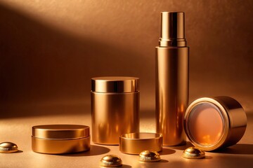 Product packaging mockup photo of Composition of cosmetic packaging mockups. Gold bottle caps. Skin care product presentation. Elegant mockup. Beauty and spa. Warm shadows, copy space., studio adverti