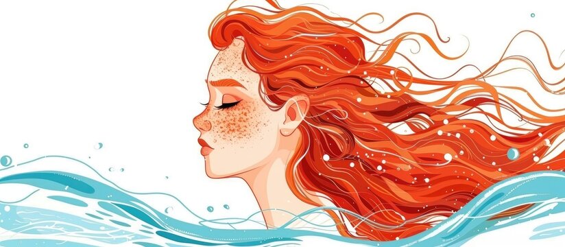 A fictional character with vibrant red hair is gracefully swimming in the fluid water, creating an artful painting with every movement of her eyelashes and gestures