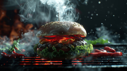 Burger on a hot grill with smoke. Fresh, juicy cheeseburger. - obrazy, fototapety, plakaty