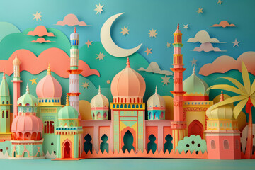 A visually stunning paper cutout of a mosque and crescent moon set against a vibrant street, ideal for conveying warm wishes for Ramadan Kareem. - obrazy, fototapety, plakaty