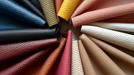 Assorted Leather Samples Raw Material Swatches in Diverse Colors and Textures - Leather Fabric Samples for Bags, Wallets, Shoes, Clothing, Accessories  and Upholstery Design. Top View Flat Lay.