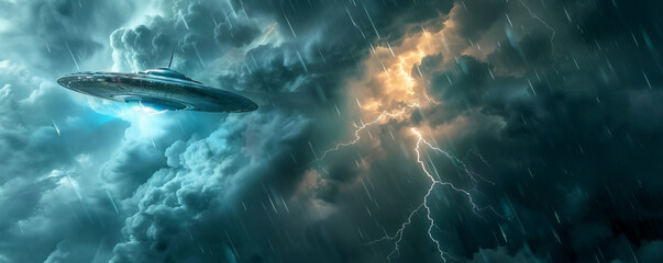 A dramatic image of a UFO navigating through a thunderstorm, with lightning bolts lighting up the sky around the spacecraft. - obrazy, fototapety, plakaty