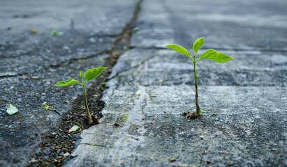 Resilient plant emerging from crack in road