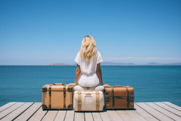 Happy girl in white dress or shorts holding suitcase on the beach. Summer concept. - Powered by Adobe