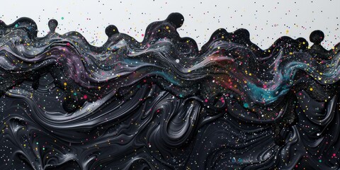 Elegant black paint mural with a sprinkling of colorful glitter over a white background.
