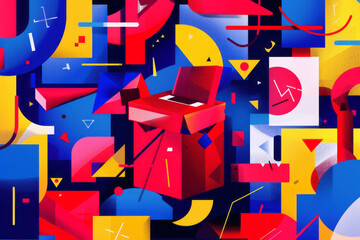 A layered geometric elements in primary colors, symbolizing the fundamental values and principles underpinning the American presidential elections. Include symbolic representations of liberty. - obrazy, fototapety, plakaty