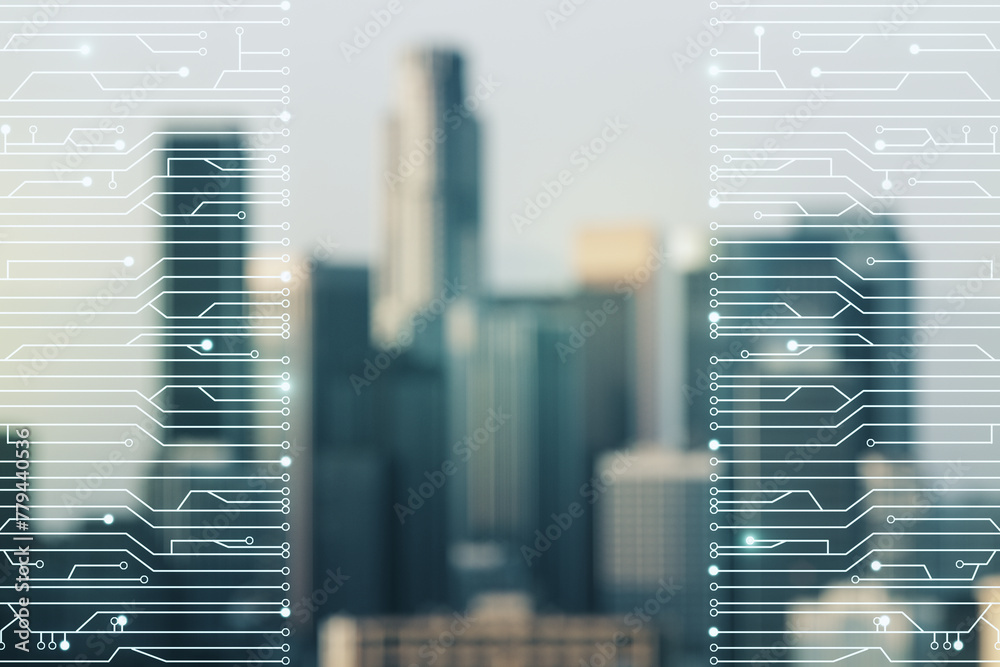 Poster abstract virtual micro circuit sketch on blurry office buildings background, future technology and a