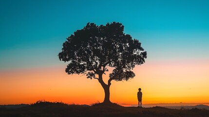 Lone Silhouetted Figure Gazing at Dramatic Sunset Landscape