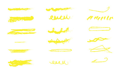 Yellow marker brush lines. Highlighter underline scribbles. Paint pen handdrawn strokes. Vector illustration of grunge freehand watercolor ink pencil marks