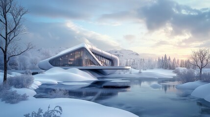 A Sleek Modern House In A Snowy Landscape.