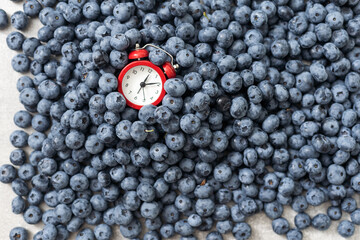 Creative concept composition flat lay top view red alarm clock blueberry background copy space....