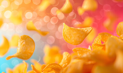 potato chips flying in the air a colorful background,Generative AI