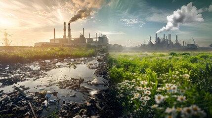 Polluted Industrial Landscape with Smoking Chimneys and Lush Greenery - obrazy, fototapety, plakaty