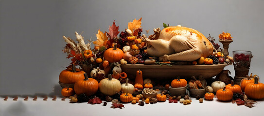 Vegan or vegetarian thanksgiving: turkey made out of pumpkin in a pumpkin field, created with generative AI