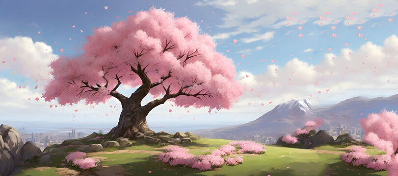 Fantasy night landscape, big blossoming sakura tree with magic bright pink neon petals. 3DAttractive Cherry blossom tree in the lake. Generative Ai