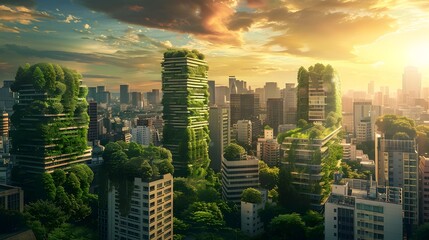 Futuristic Green City with Lush Vertical Forests and High-Rise Eco-Friendly Buildings Showcasing Sustainable Urban Development and Innovative
