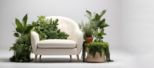 Modern Living Room Interior Withwhite Sofa, Green Armchair, Potted Plant And Floor Lam isolate on white generative by ai..