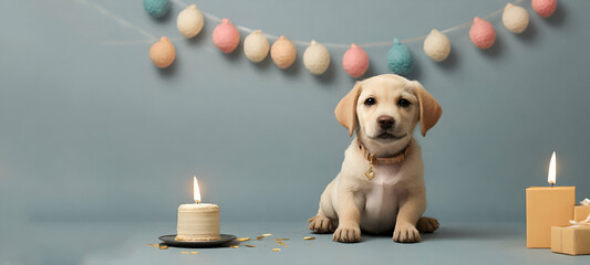 Dog's birthday. Labrador in a festive hat and a bow on his neck on a white background
