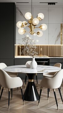 A Modern Kitchen Interior With Dining Table And Chairs In Vertical Mobile Wallpaper Background.