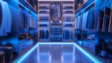 A Modern Walk-in Closet With Neon Lights.