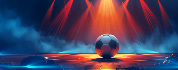 A football on a stadium with flying ball . Banner of soccer game. Sport concept. - obrazy, fototapety, plakaty
