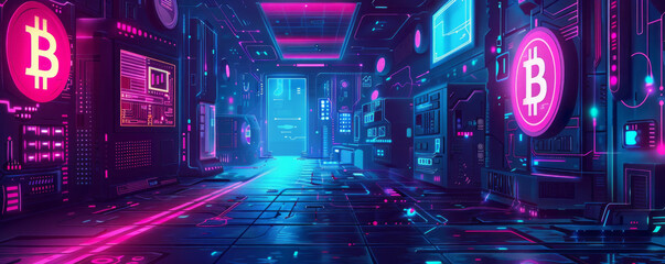 An artwork depicting the clash of digital crypto and physical cash in a retro aesthetic inspired by 1980s video game visuals, infused with a cyberpunk influence and glowing light effects. - obrazy, fototapety, plakaty