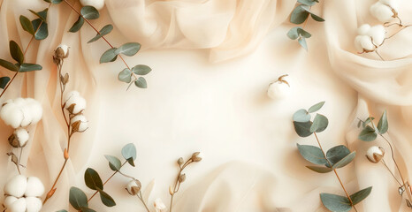Banner with cotton and eucalypt leaves around on light background.  Concept of nature