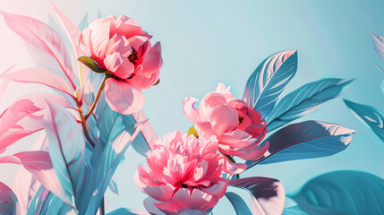 Beautiful romantic illustration of Philodendron , Peonies on light background. - obrazy, fototapety, plakaty