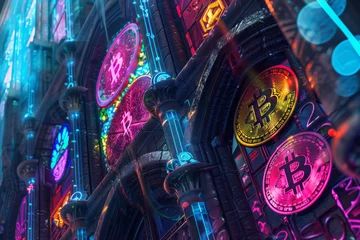Fotobehang A surreal fantasy scene where cryptocurrencies clash with traditional money, combined with elements of stained glass and graffiti art in a holographic setting. © mihrzn