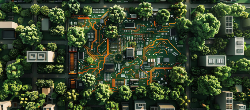 lighted electrical circuit board showing trees and cities