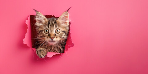 Curious Kitten Peeking Through Pink Сardboard. An adorable kitten peeks out from a tear in a pink background with copy space.