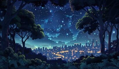 Cityscape with stars in night sky