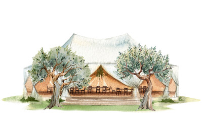 Beautiful watercolor stock illustration with villa cottage house in olive trees. Building clip art. - 779443126