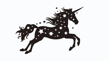 Silhouette of a flying unicorn with stars. Black silho