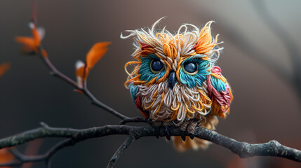 colorful embroidered thread owl perched on a dry tree branch against a soft gradient sky background