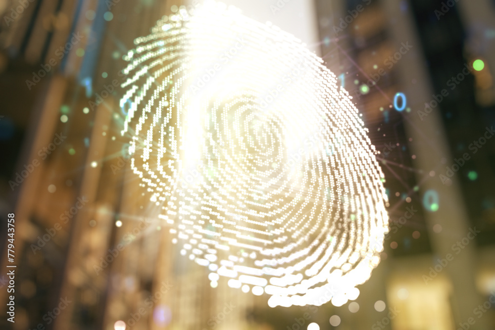 Fototapete Multi exposure of virtual graphic fingerprint sketch on modern architecture background, fingerprint scan data concept