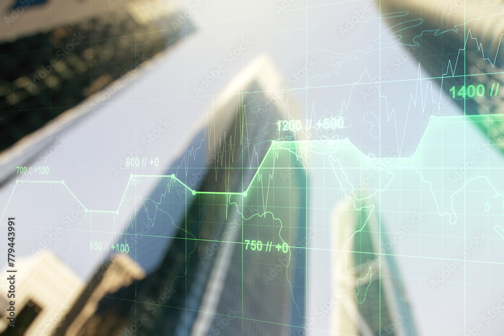 Poster multi exposure of stats data illustration on office buildings background, computing and analytics co