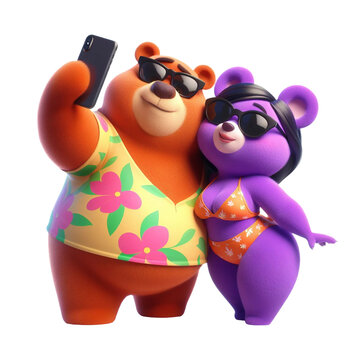 couple teddy bears in love wearing black fashionable sunglasses takes a selfie isolated on PNG background. Generative AI.