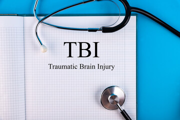 TBI text written in a notebook lying on a desk and a stethoscope. Medical concept.